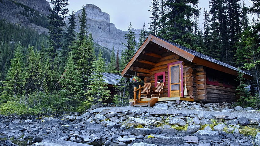 Shoreline cabin on the banks of Lake O'Hara Lodge, Yoho National Park, British Columbia, trees, sky, mountains, canada, cabin, stones HD wallpaper