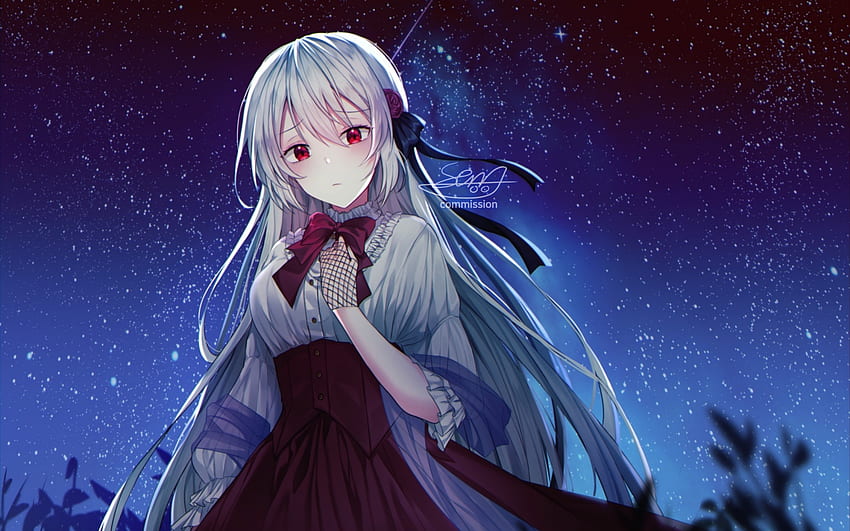Traurigkeit, Anime-Mädchen, trauriger Ausdruck, Sterne, Nacht, rote Augen, graues Haar für MacBook Pro 13 Zoll HD-Hintergrundbild