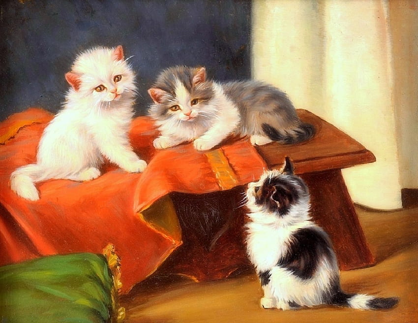 Company Fluffy Kittens, love four seasons, cats, draw and paint, cute, paintings, lovely, fulffy, kittens HD wallpaper