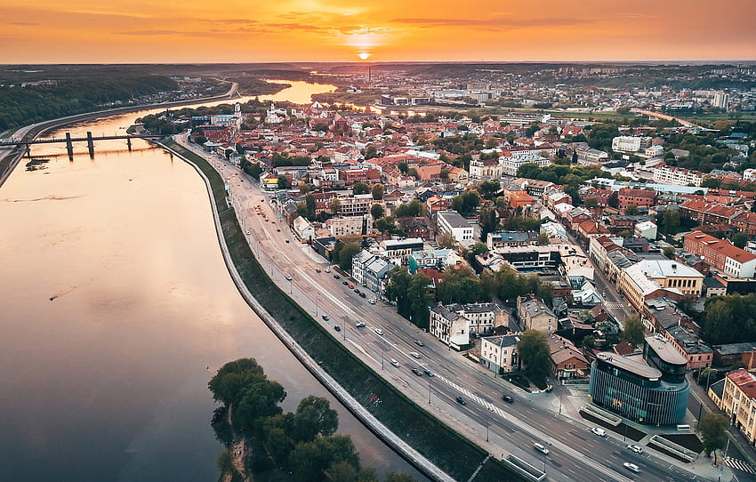 sunset, the city, Lithuania, Kaunas for , section город HD wallpaper