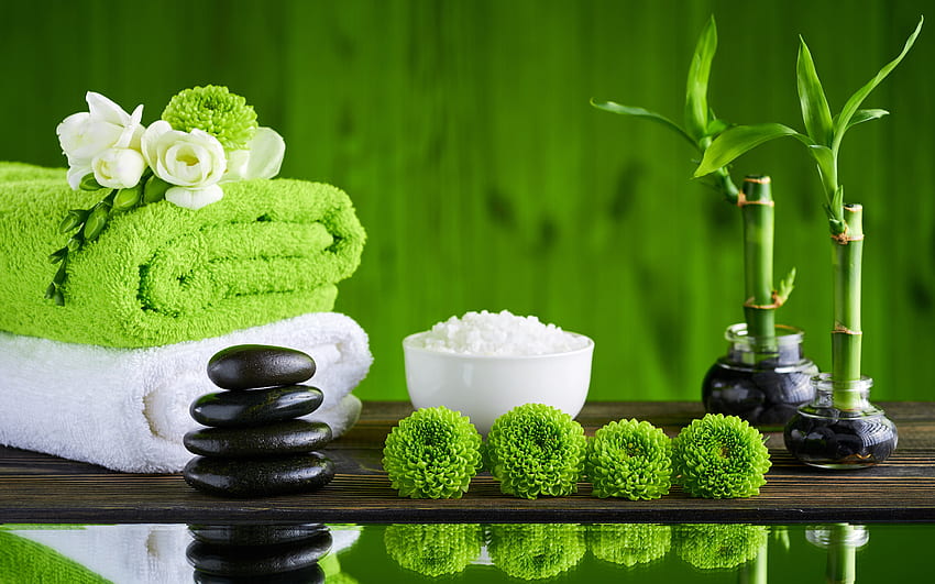 spa accessories, towels, black stones, spa salt, beauty salons, spa concepts, wellness HD wallpaper