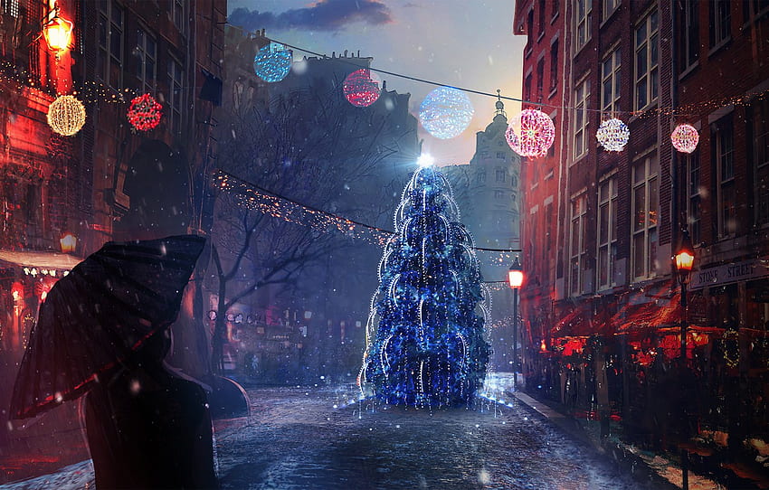 Schnee, Stimmung, Urlaub, Straße, Menschen, Baum, Neujahr, Weihnachten, der Abend, Kunst für , Abschnitt праздники, Weihnachtskunst HD-Hintergrundbild