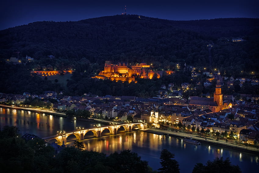 Städte, Flüsse, Nacht, Lichter, Spiegelung, Höhe, Brücke, Gegenlicht, Beleuchtung, Aussicht, Panorama, Heidelberg, Deutschland HD-Hintergrundbild
