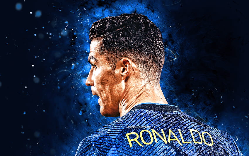 Cristiano Ronaldo, arkadan görünüm, Manchester United FC, mavi üniforma, futbol yıldızları, CR7, Manchester United, Cristiano Ronaldo , mavi neon ışıklar, Cristiano Ronaldo Manchester United, CR7 Man United HD duvar kağıdı