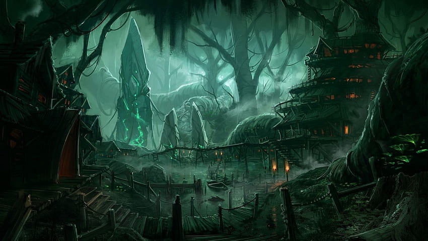 삽화 판타지 마법의 예술 숲 나무 풍경 자연 마을 마을 도시 도시. HD 월페이퍼