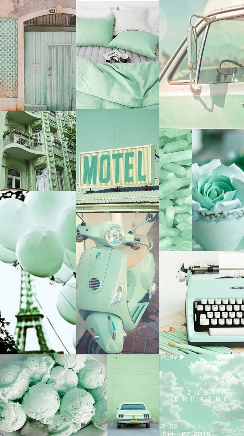 background, collage, aesthetic, music, color, mint, green, paris, Aesthetic Pastel Mint HD phone wallpaper