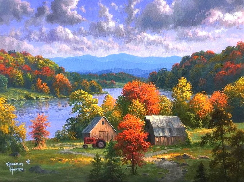 Tennessee River Home, atraksi dalam mimpi, warna, lukisan, cinta empat musim, pedesaan, pertanian, musim gugur, alam, pegunungan, musim gugur, sungai, pedesaan Wallpaper HD