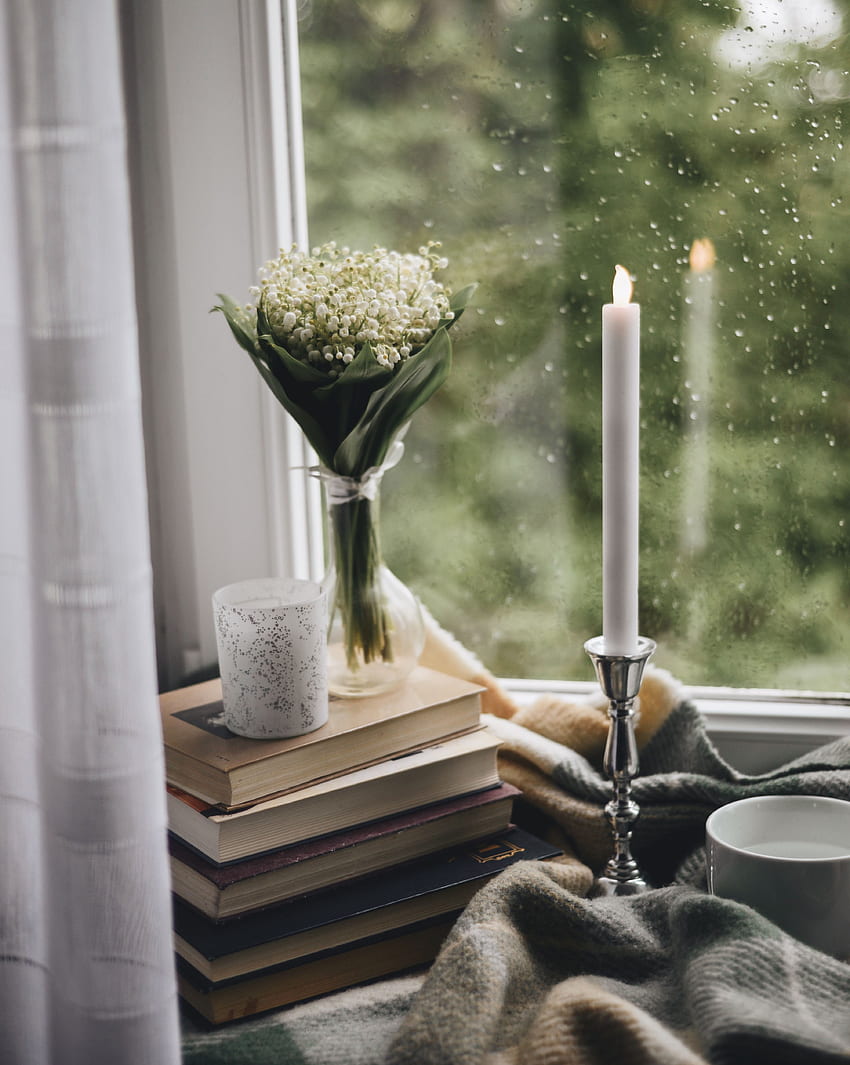 Rain, Books, , , Cup, Bouquet, Window, Candle, Plaid HD phone wallpaper