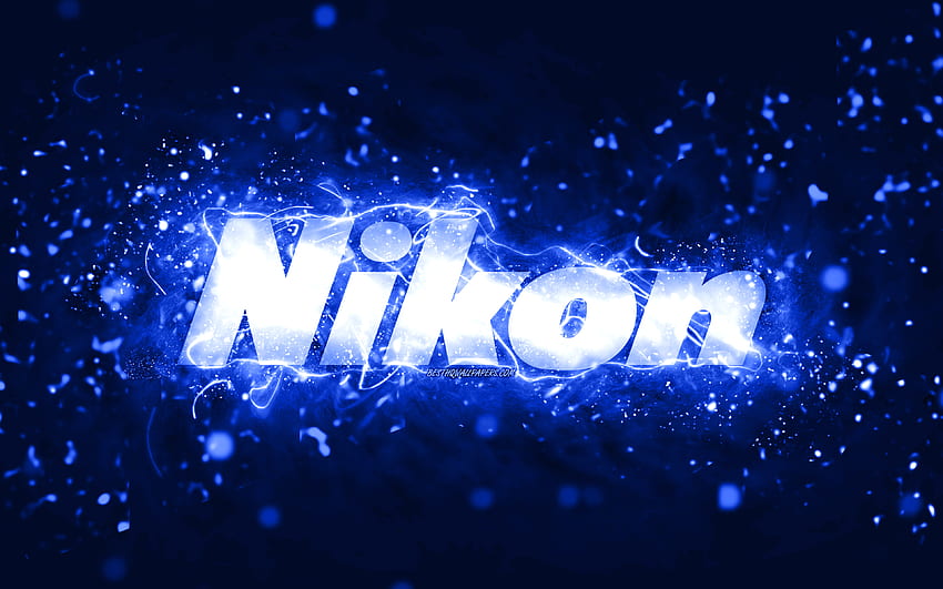 Nikon 진한 파란색 로고, 진한 파란색 네온 불빛, 창조적, 진한 파란색 추상 배경, Nikon 로고, 브랜드, Nikon HD 월페이퍼