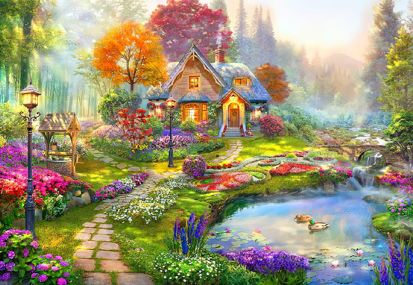 Indah jauh, sungai, warna-warni, sungai kecil, seni, rumah, firdaus, Cantik, musim semi, lukisan, alam, bunga, pondok, pedesaan, kolam Wallpaper HD