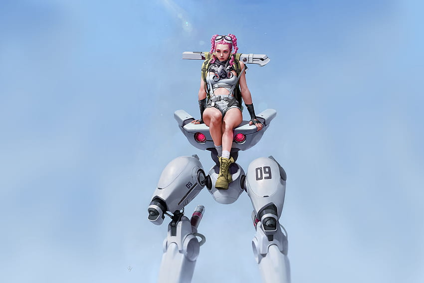 Geflochtenes rosa Haar-Cyberpunk-Roboter-Mädchen HD-Hintergrundbild