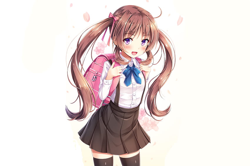 Cute, girl with school bag, anime HD wallpaper