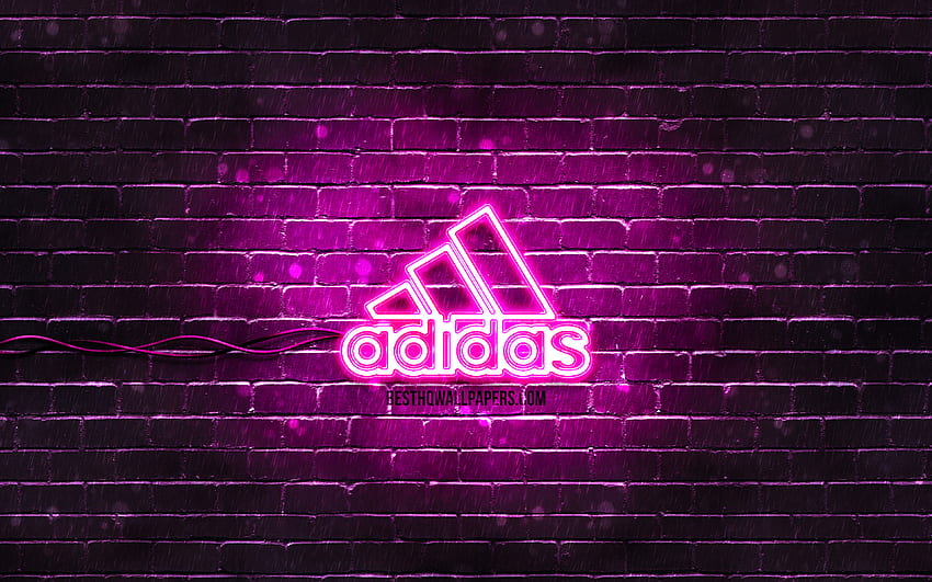 Logotipo púrpura de Adidas, pared de ladrillo púrpura, logotipo de Adidas, marcas, logotipo de neón de Adidas, Adidas para con resolución. Alta calidad fondo de pantalla