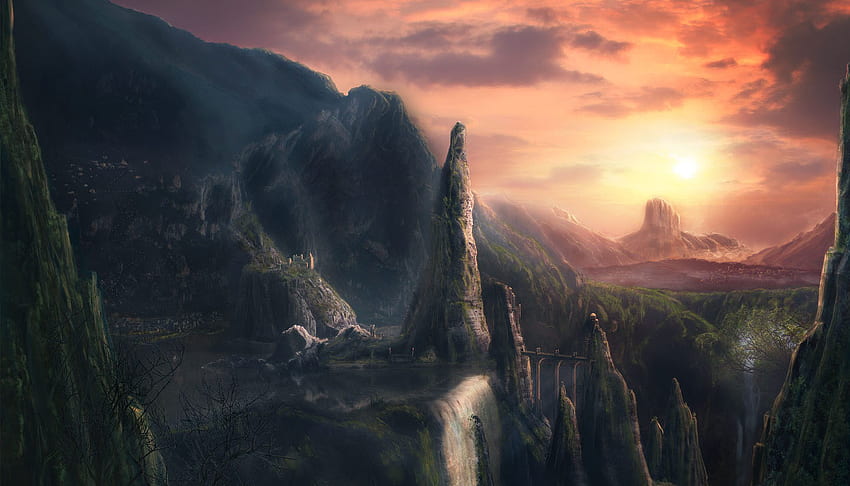 Pemandangan Fantasi, lanskap, pegunungan, fantasi, matahari Wallpaper HD
