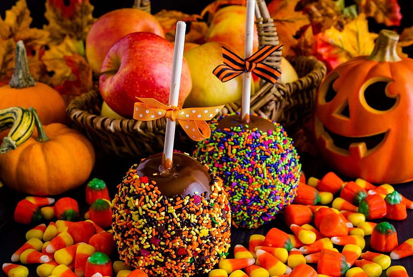 Halloween sweets, halloween, sweets, chocolate, yellow, food, orange, lollipop, candy HD wallpaper