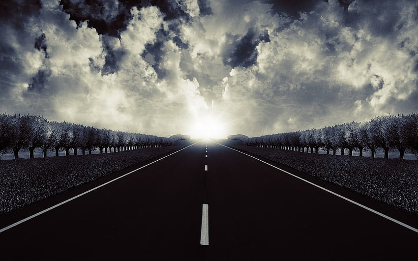 beauty of an open road, sunny, white, black, graphy, beauty, dark, light, bright, clouds, trees, road, nature, sky, sun HD wallpaper