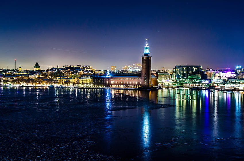 Miasta, zima, noc, światła, odbicie, sztokholm, szwecja, ratusz Tapeta HD