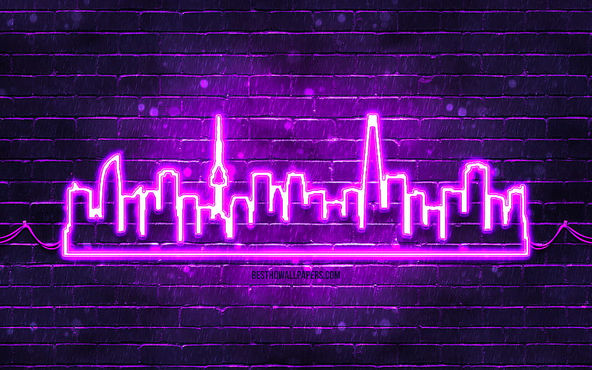 Seoul violet neon silhouette, , violet neon lights, Seoul skyline silhouette, violet brickwall, South Korean cities, neon skyline silhouettes, South Korea, Seoul silhouette, Seoul HD wallpaper