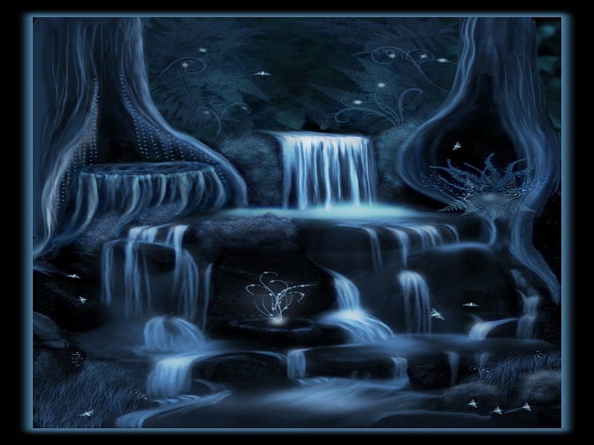 魅惑の滝、夜、森、滝、魅惑、青 高画質の壁紙