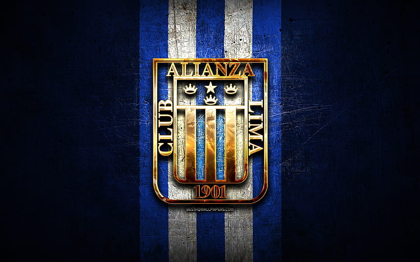Alianza Lima FC, złote logo, Liga 1 Apertura, niebieskie metalowe tło, piłka nożna, peruwiański klub piłkarski, logo Club Alianza Lima, piłka nożna, Club Alianza Lima Tapeta HD