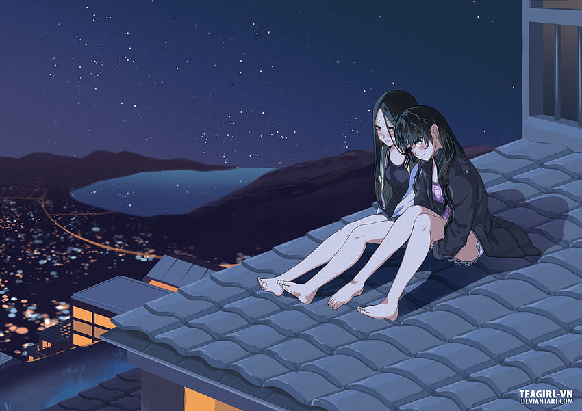Girl, Night, Rooftop, Stars, Yuri . Mocah, Anime Rooftop HD wallpaper