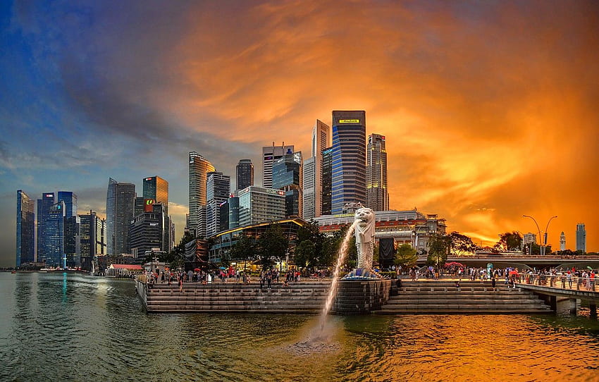 niebo, most, rzeka, ludzie, dom, wieczór, Zatoka, Singapur, poświata, fontanna, promenada, drapacze chmur, Merlion Park for , sekcja город, Merlion Singapore Tapeta HD