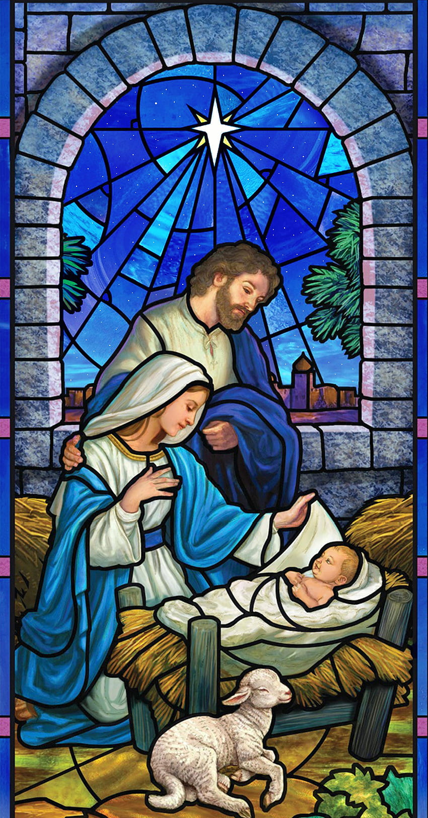 キリスト降誕のシーン。 処女の母親。 キリスト降誕, ステンド グラス, クリスマス HD電話の壁紙