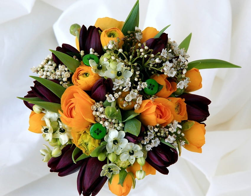 * Piękny bukiet *, bukiet, uroczy, piękny, tulipany, prezent, pomarańczowy, fioletowy, zielony, kwiaty Tapeta HD