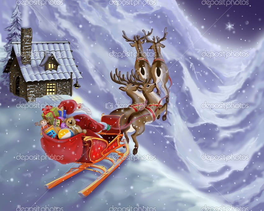 Special flight, sleigh, Santa, Christmas, deer, snow, house HD wallpaper