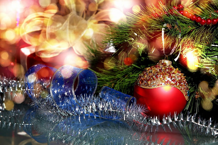 Décoration de Noël, coloré, Joyeux Noël, rubans, boules, beau, agréable, arbre, décoration, vacances, réflexion, joli, lumière, Noël, bougies, charmant, nouvel an Fond d'écran HD
