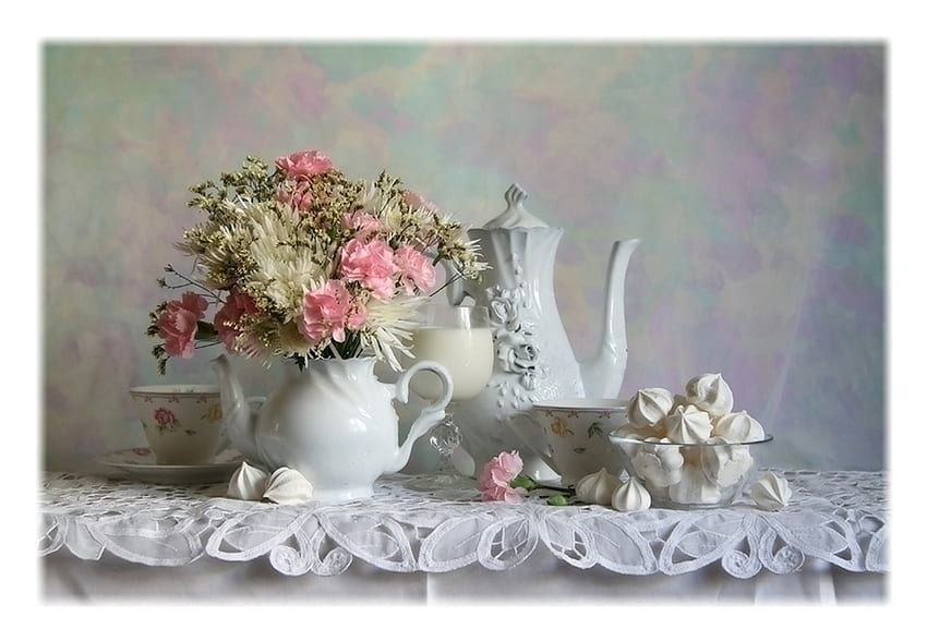 still life, bouquet, gentle, graphy, peonies, tea, embroidery, lace, nice, flower, coffee, , teapot, milk, spout, white, pastry, sweets, elegantly, vase, beautiful, cup, drinks, jug, pink, cool, flowers, bowl, harmony HD wallpaper