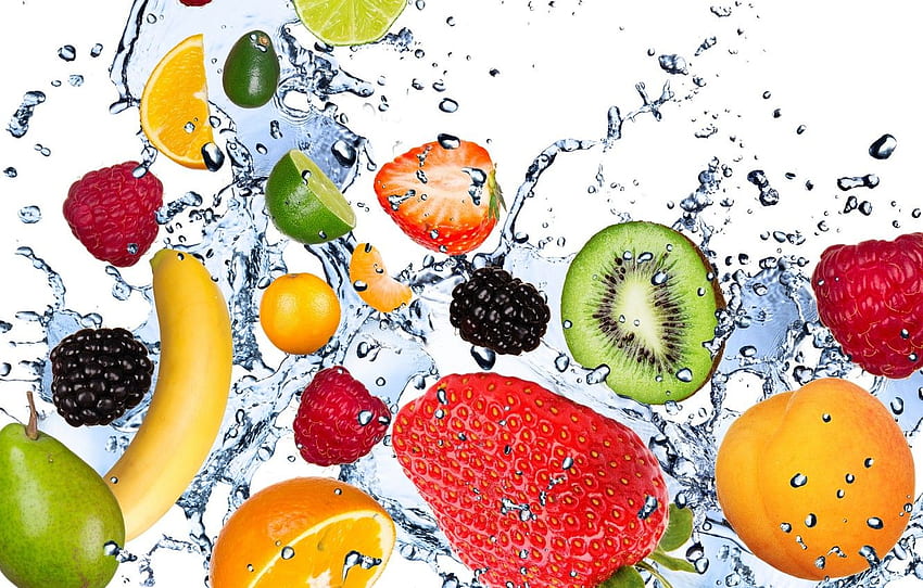 water, drops, squirt, freshness, raspberry, lemon, kiwi, strawberry, lime, lemon, fruit, banana, apricot, fresh, mint, water for , section еда HD wallpaper