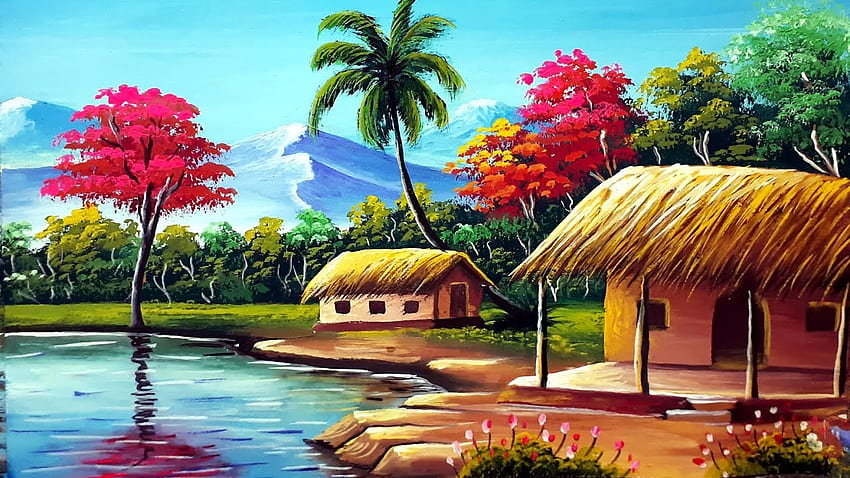 Pittura di paesaggio del villaggio indiano Sfondo HD