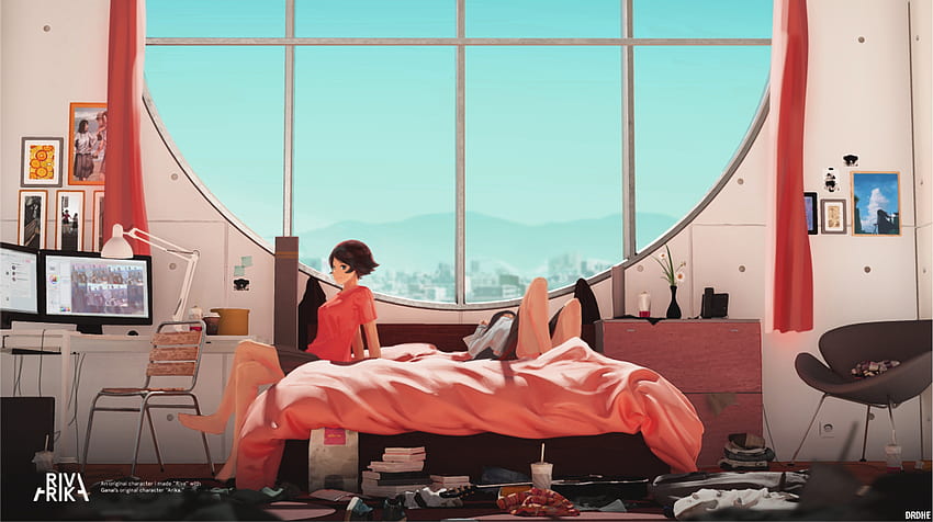 アニメ 女の子 チルアウト オリジナル キャラクター 寝室 窓 笑顔 - 解像度: 高画質の壁紙