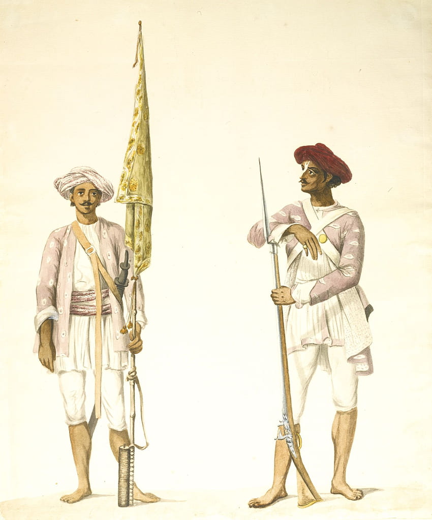 Dwa badania żołnierzy armii Tipu Sultana, przypisywane Robertowi Home (zm. 1834), Madras, około 1. Miniaturowe y Mogołów, dzieła historyczne, ilustracje Tapeta na telefon HD