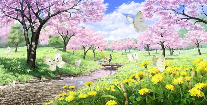 Cherry Blossoms, animal, landscape, sakura tree, tree, anime, butterfly, original, bridge, girls, water HD wallpaper