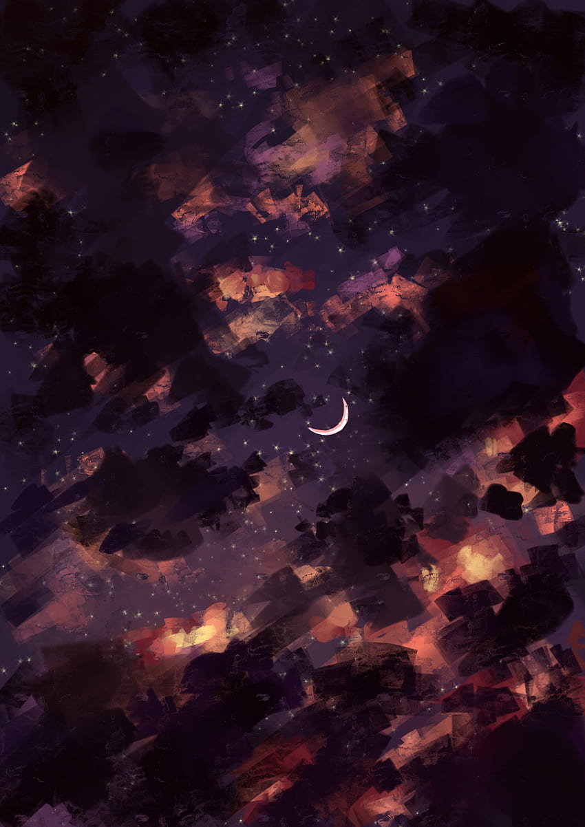 Cielo, Arte, Estrellas, Noche, Nubes, Luna fondo de pantalla del teléfono