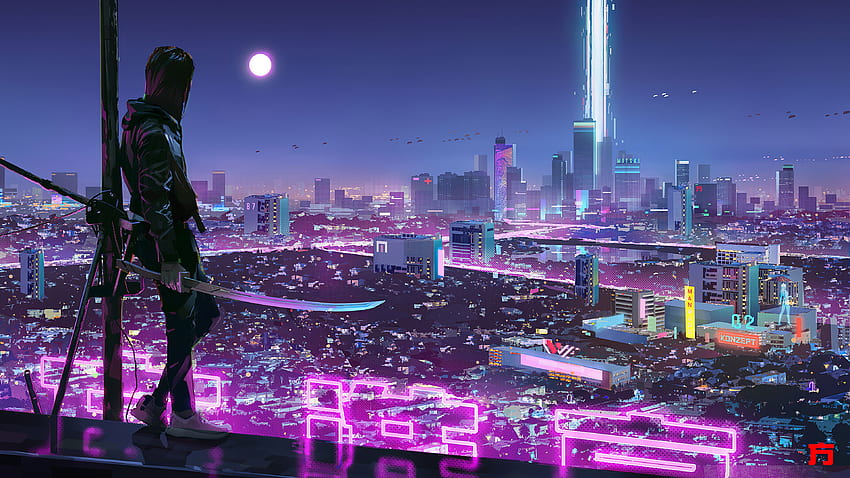 Neon Lights Cyber​​ Ninja Boy.、Cyber​​punk Neon City 高画質の壁紙