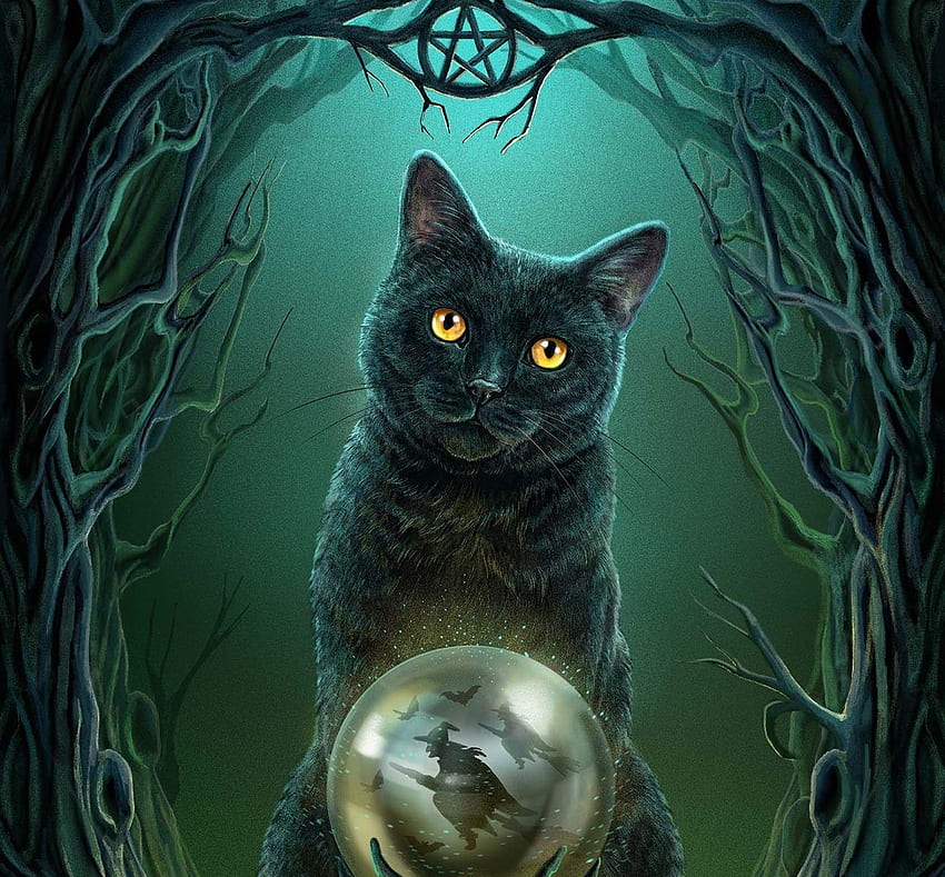 gato preto, pisici, fantasia, arte, verde, gato, lisa parker, bruxa, preto, bola de cristal, halloween papel de parede HD