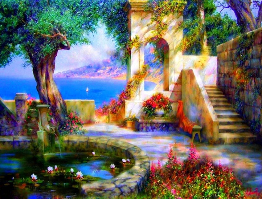 Piękny widok, morze, piękne kolory kolorów, malarstwo, ogród kwiatowy, fontanna, drzewa, kolorowe kwiaty, kwiaty Tapeta HD