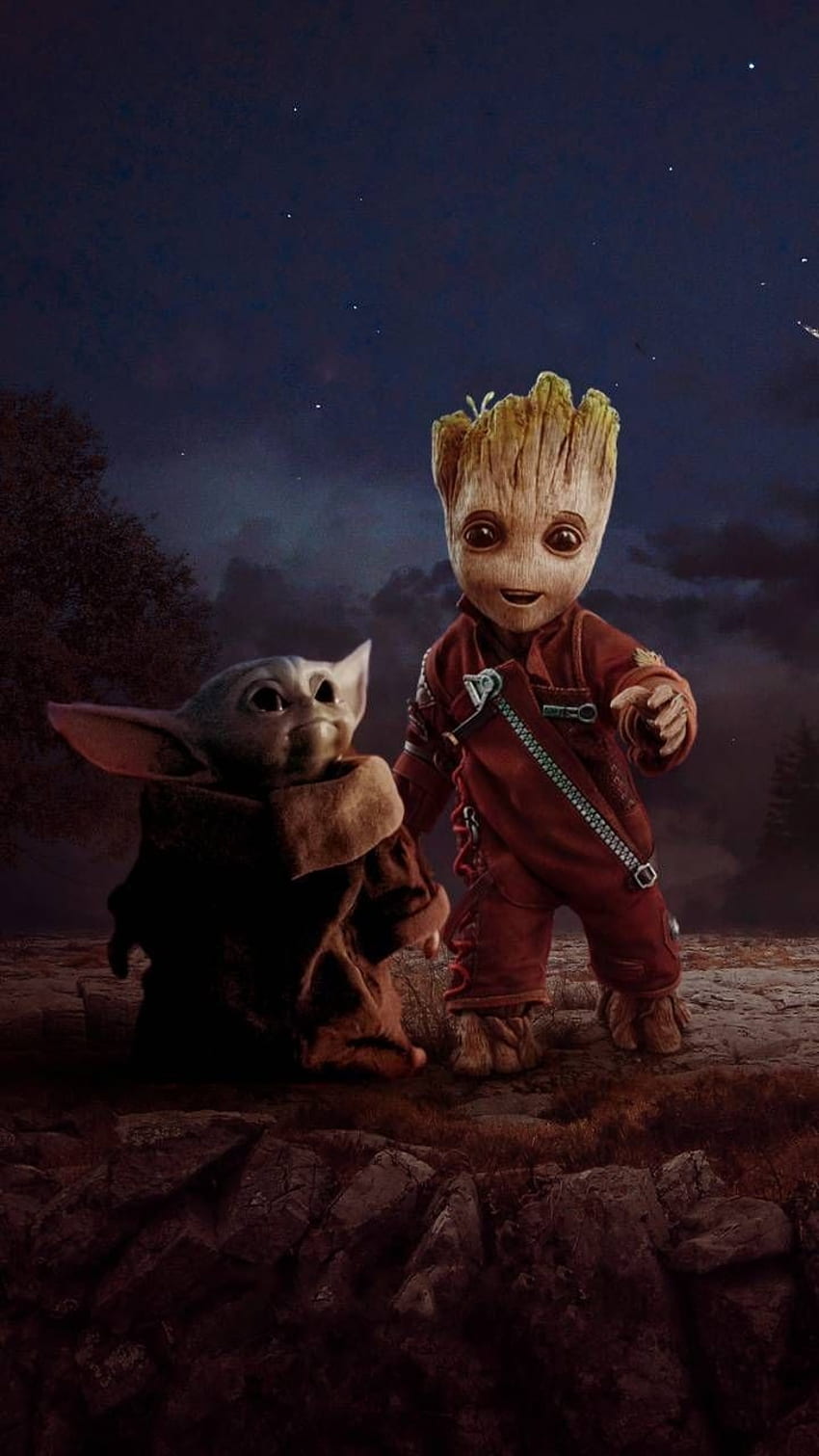 Groot & baby Yoda, cartoon, cute HD phone wallpaper