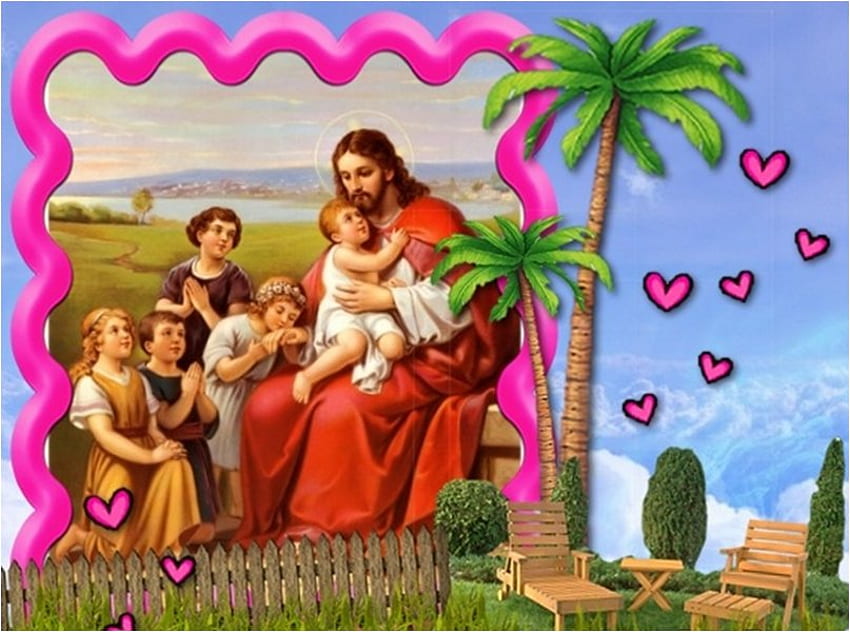 Encantador padre de todos, dios, niños, palma, jesús, cristo, gente, religión, cristianismo. fondo de pantalla