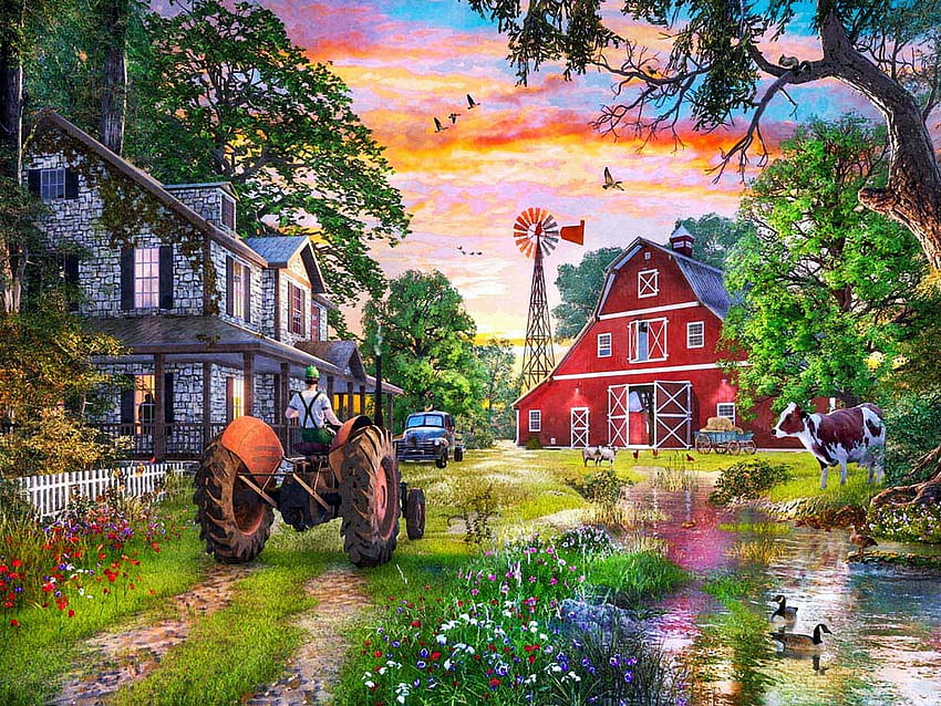 Working Farm, ducks, cow, barn, painting, house, flowers, tractor, pond HD wallpaper
