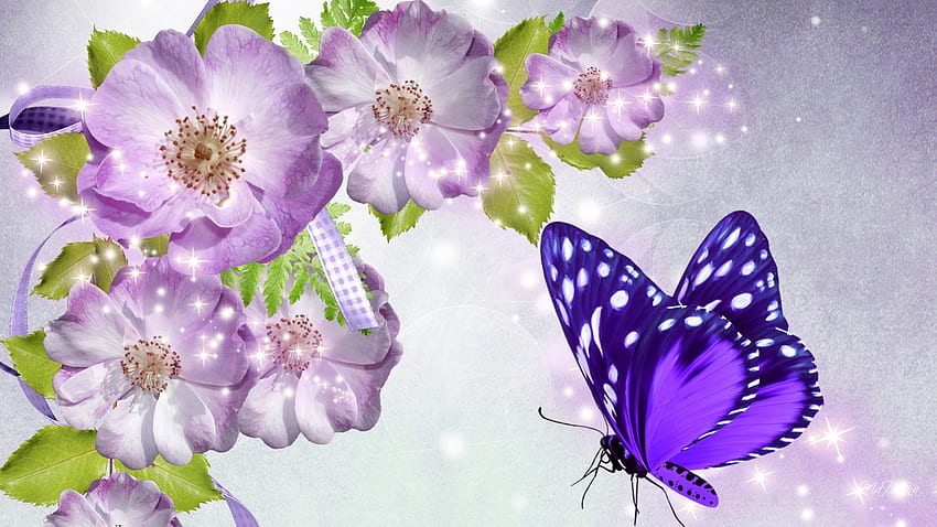 Purple Perfection, rose selvatiche, nastro, papillon, stelle, scintillii, viola, farfalla, lavanda, fiori, fleurs Sfondo HD