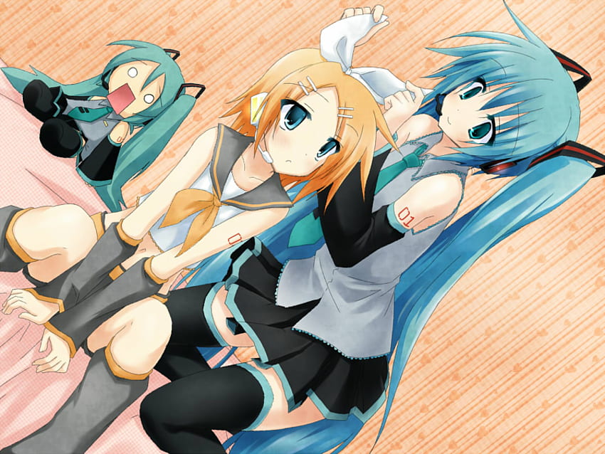Hatsune Miku, bed, twintail, cute, ribbons, headset, vocaloids, anime, kagamine rin, wall HD wallpaper