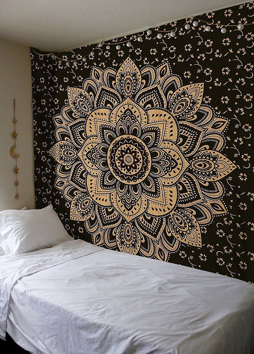 Black and Golden Mandala Tapestry Indian Bohemian Wall Hanging, Hindu Mandala HD phone wallpaper