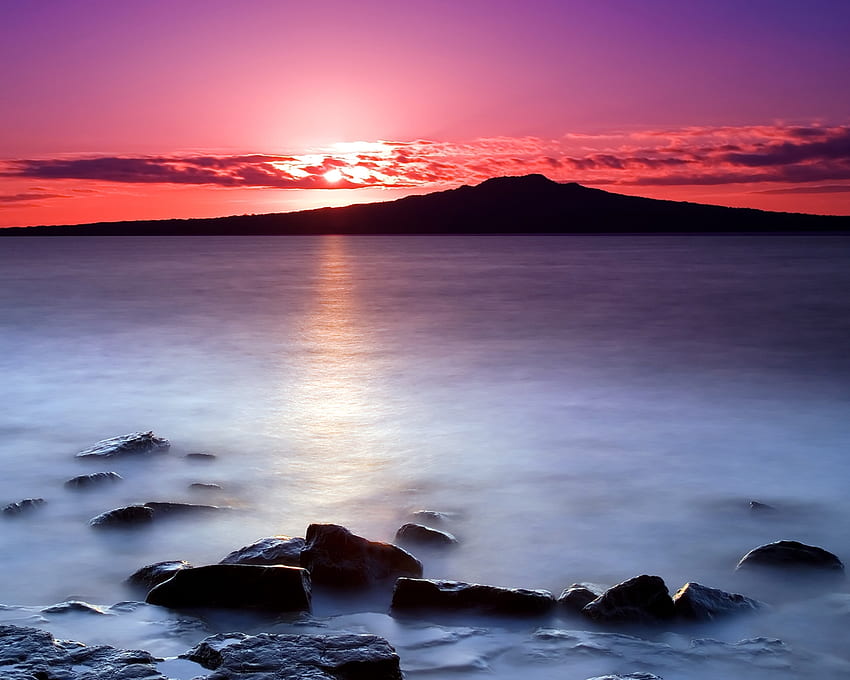 Costa norte al amanecer, Nueva Zelanda, azul, púrpura, orilla, rosa, paisaje marino, naturaleza, amanecer, océano fondo de pantalla