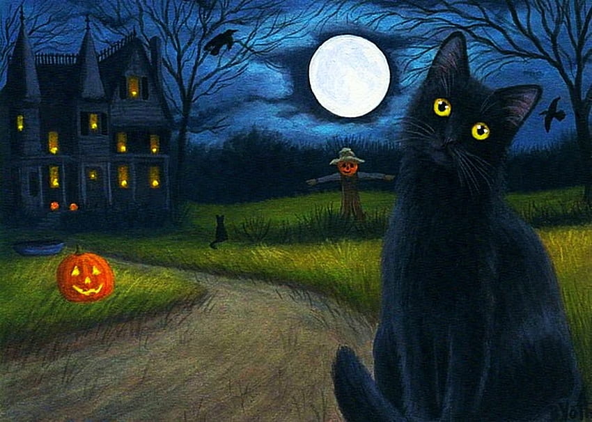 The Witchmoon, night, scarecrow, path, house, cat, artwork, painting ...
