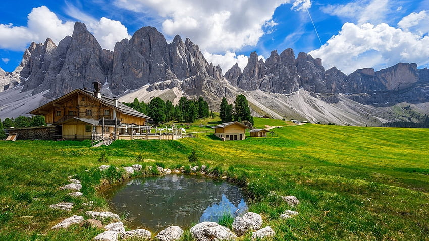 Tirol del sur, Italia, dolomitas, picos, nubes, paisaje, cielo, rocas, alpes, piedras, casa fondo de pantalla