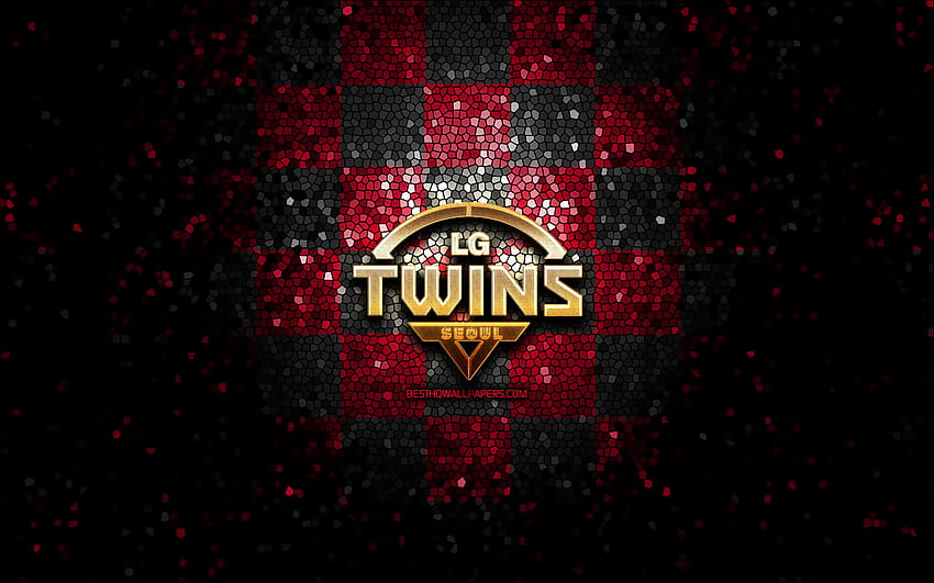 LG Twins, блестящо лого, KBO, лилав черен кариран фон, бейзбол, бейзболен отбор на Южна Корея, лого на LG Twins, мозайка HD тапет